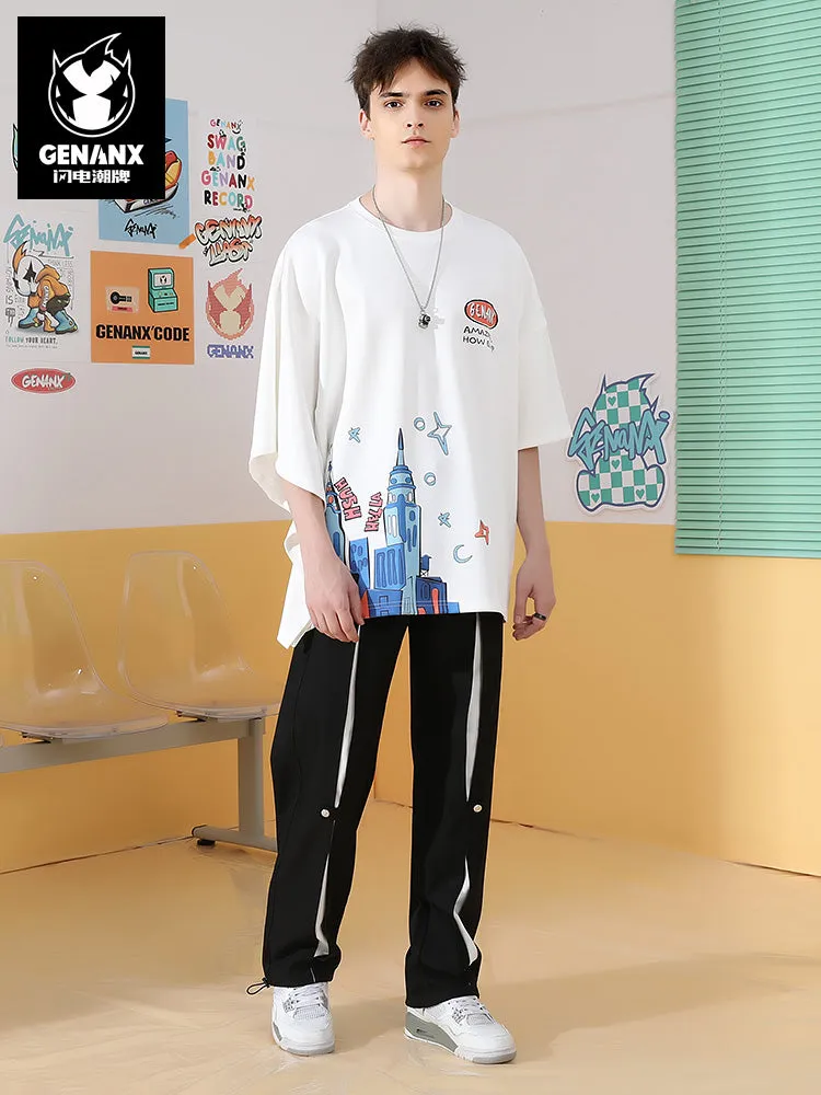 American high street style color breasted open stretch rope leg casual pants