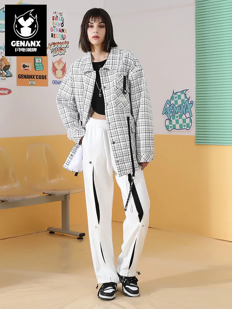 American high street style color breasted open stretch rope leg casual pants