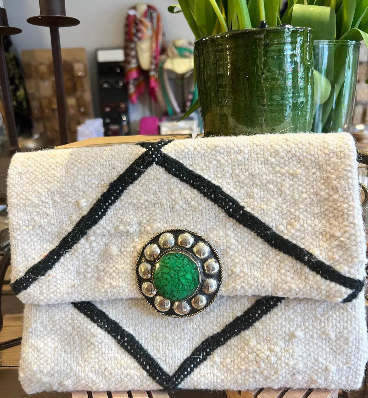 Black and White Berber Carpet Bag With Green Statement Buckle