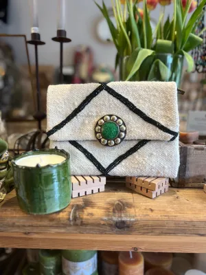 Black and White Berber Carpet Bag With Green Statement Buckle