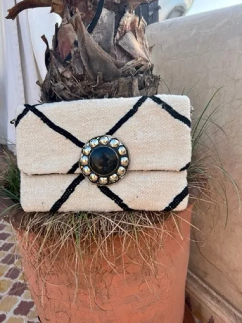 Black and White Berber Carpet Bag With Statement Buckle