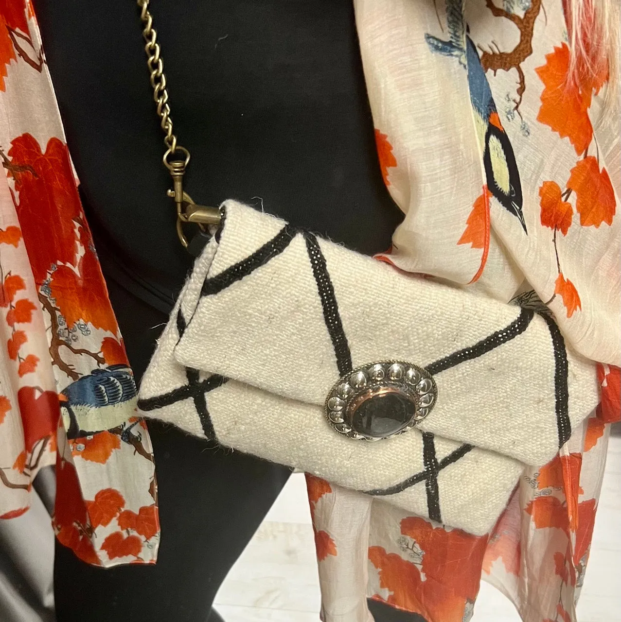 Black and White Berber Carpet Bag With Statement Buckle