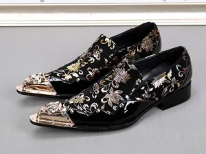 Black color with Golden Flowers men leather shoes