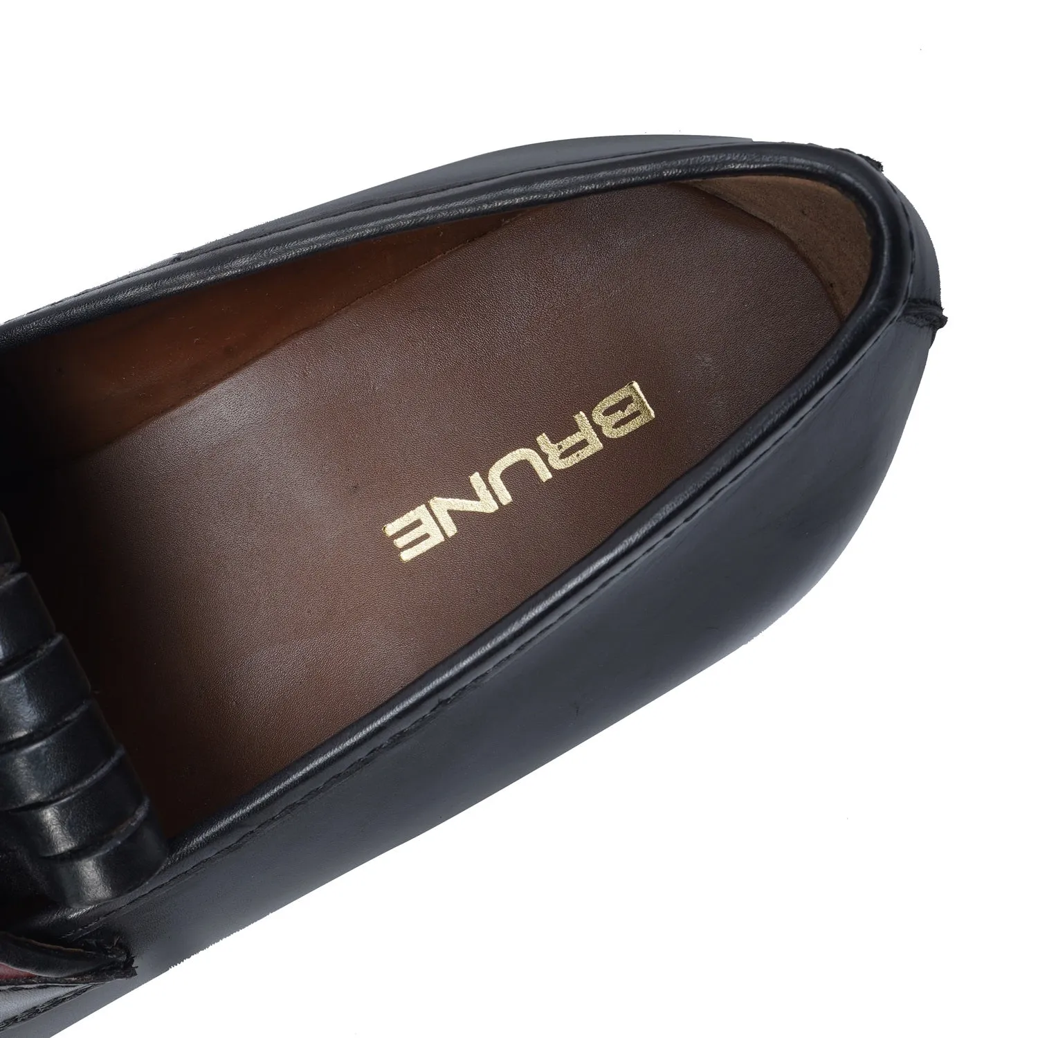 Black Formal Slip-On Shoes with Perfect Combination of Fringes & Horse-bit Buckle Detailing