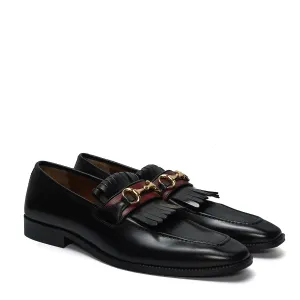Black Formal Slip-On Shoes with Perfect Combination of Fringes & Horse-bit Buckle Detailing