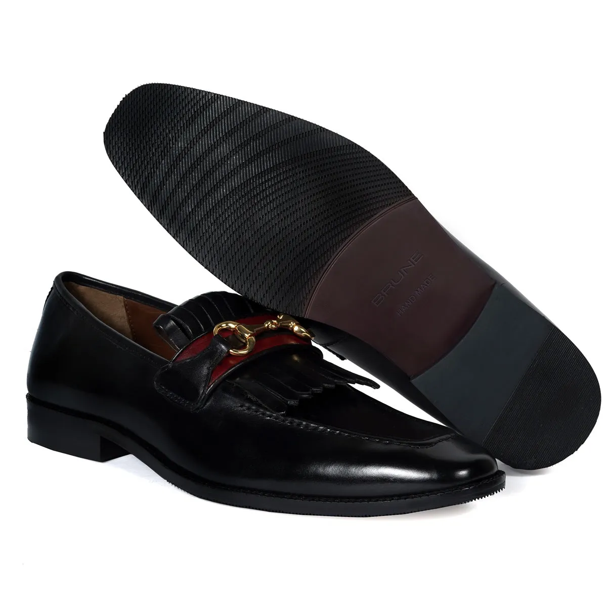 Black Formal Slip-On Shoes with Perfect Combination of Fringes & Horse-bit Buckle Detailing