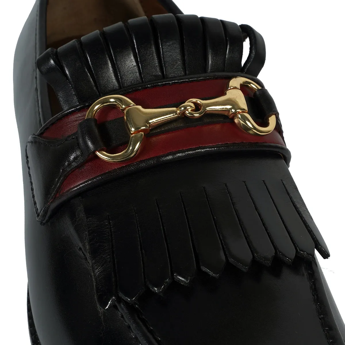 Black Formal Slip-On Shoes with Perfect Combination of Fringes & Horse-bit Buckle Detailing