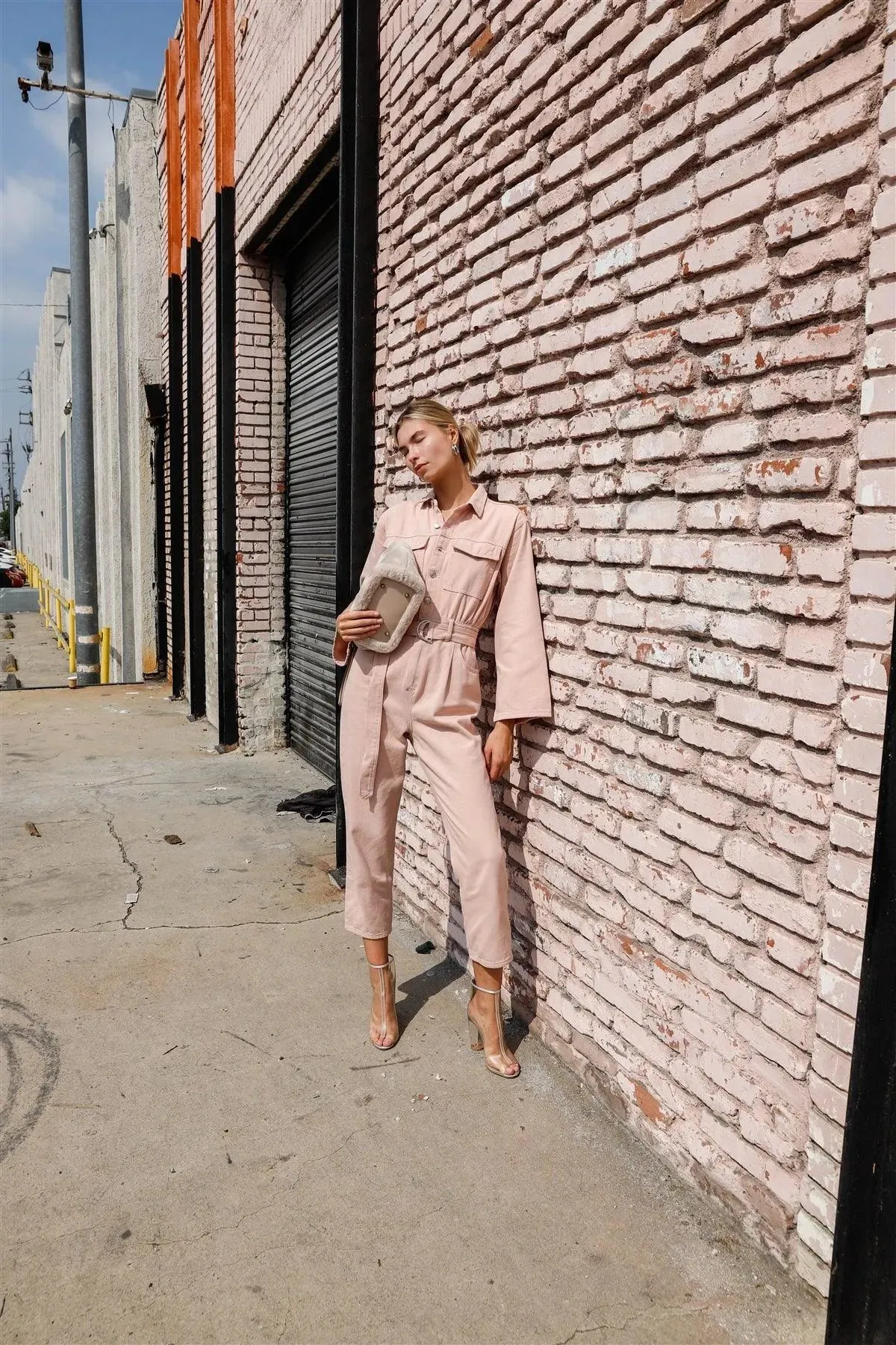 Blush Long Sleeve Denim Utility Front Button Down Self-Tie Belted Jumpsuit /4-2-1