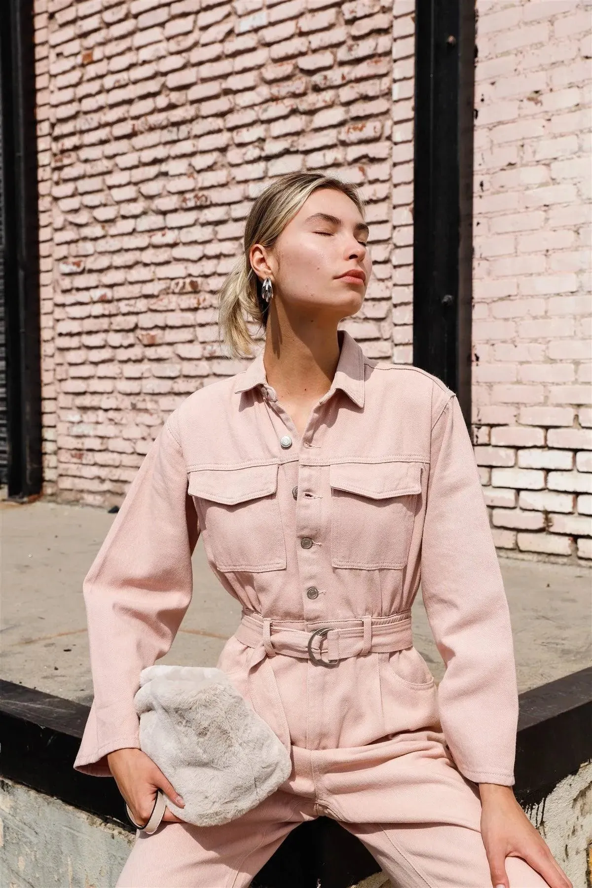 Blush Long Sleeve Denim Utility Front Button Down Self-Tie Belted Jumpsuit /4-2-1