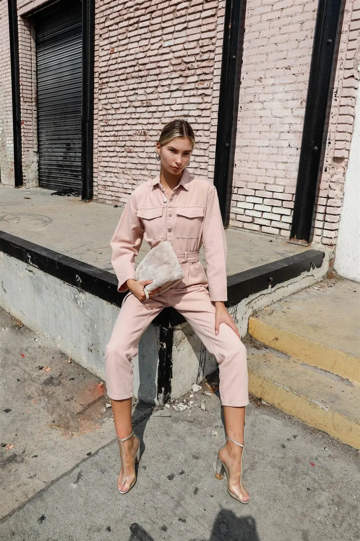 Blush Long Sleeve Denim Utility Front Button Down Self-Tie Belted Jumpsuit /4-2-1