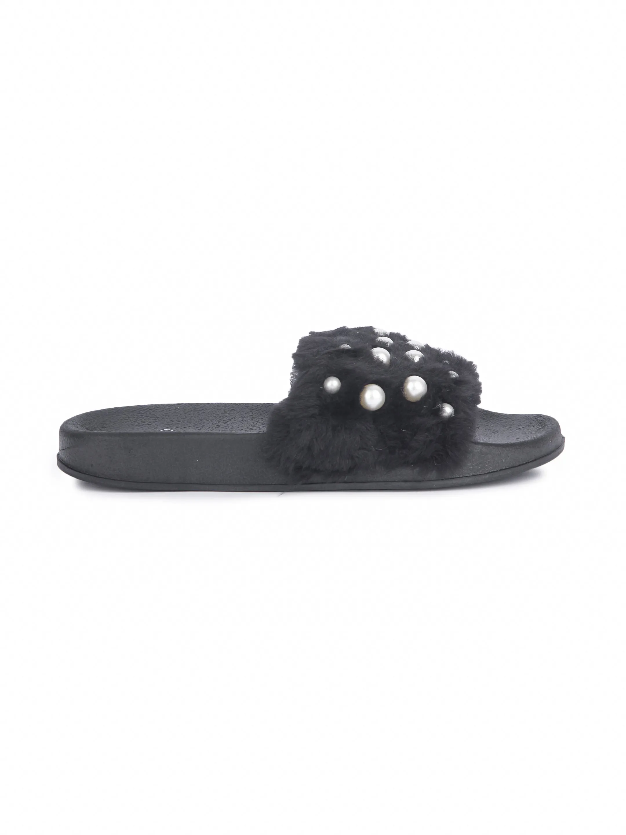 Brauch Women's Black Fur Pearl Slides