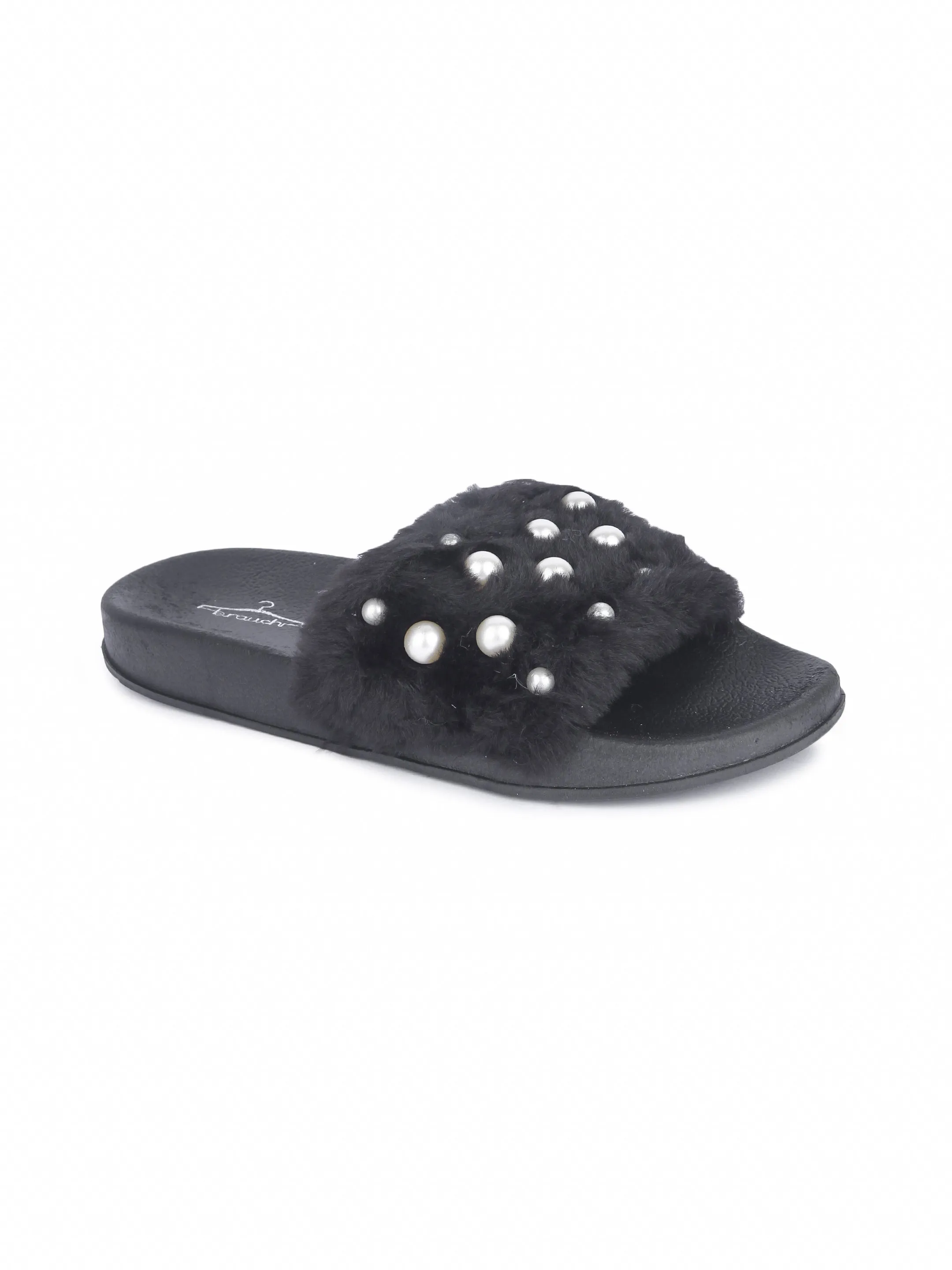 Brauch Women's Black Fur Pearl Slides
