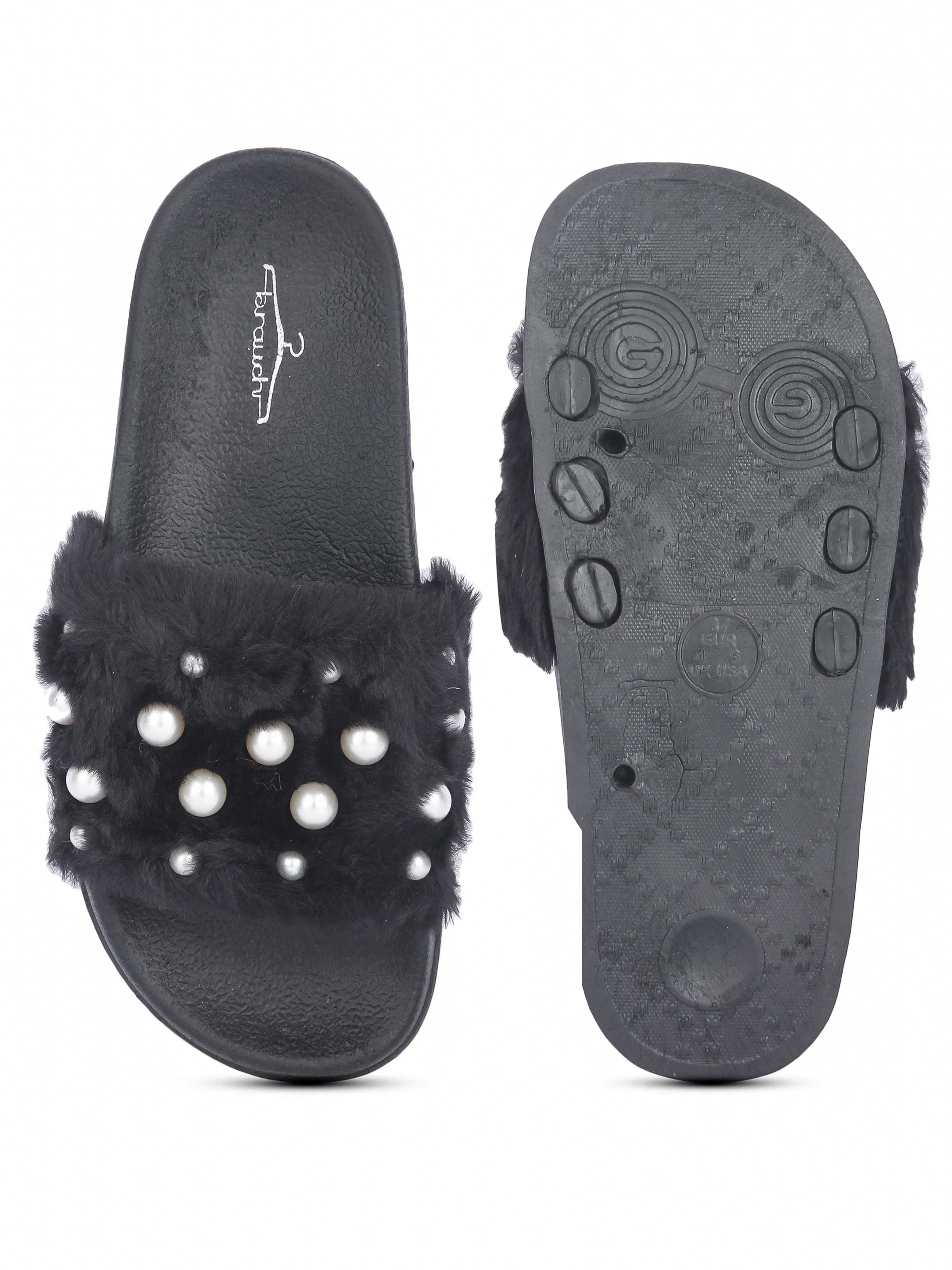 Brauch Women's Black Fur Pearl Slides