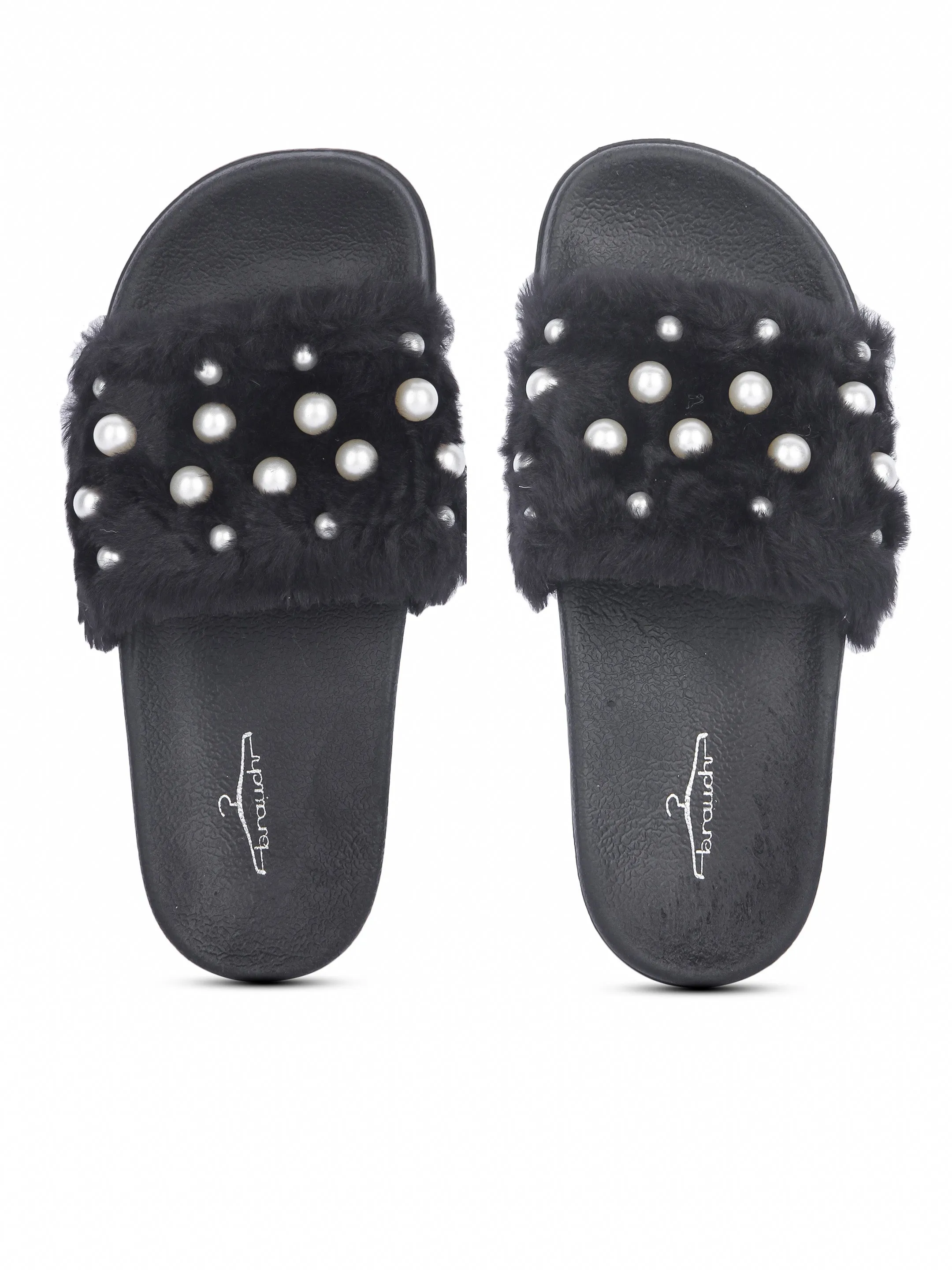 Brauch Women's Black Fur Pearl Slides