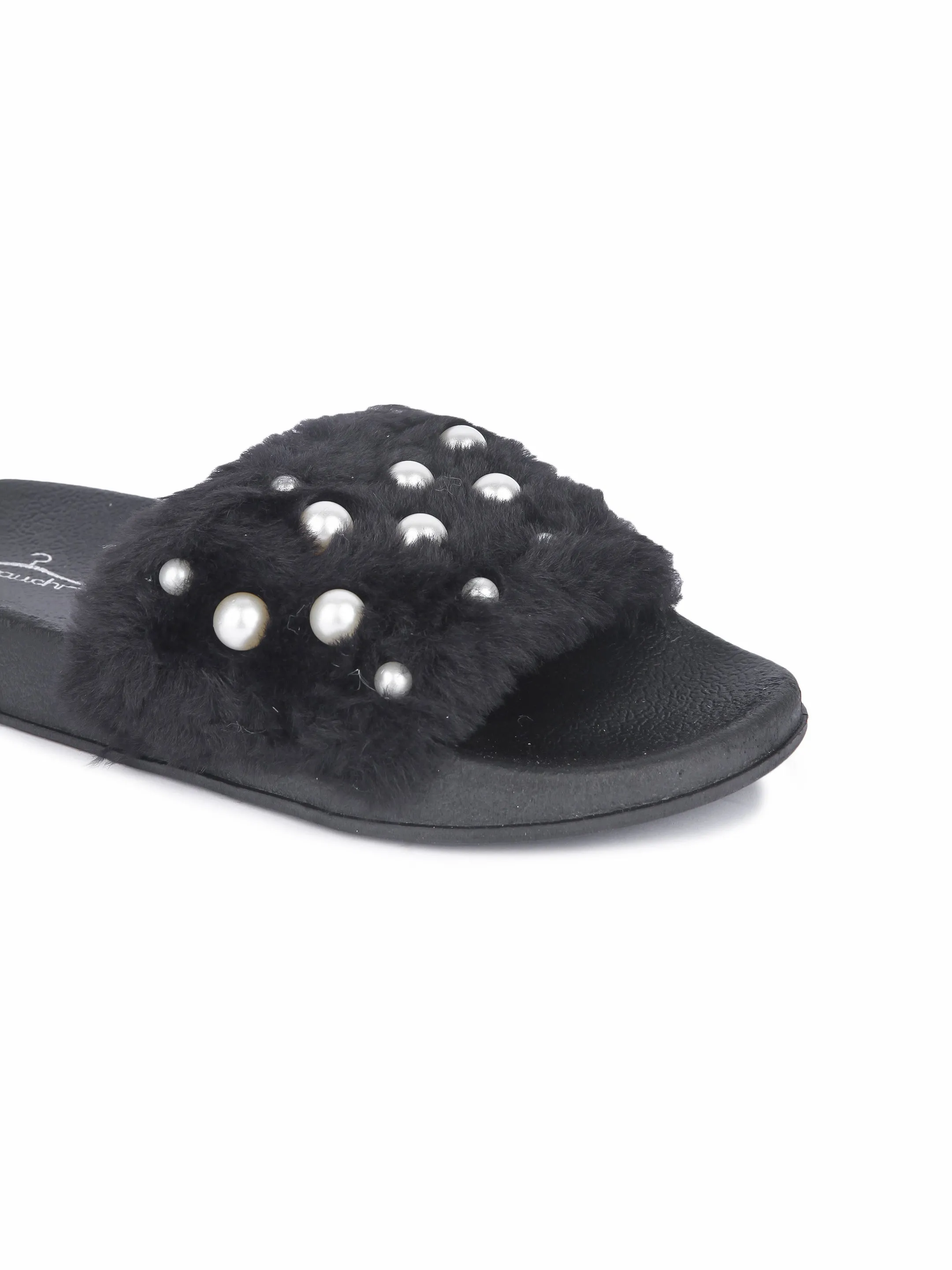 Brauch Women's Black Fur Pearl Slides