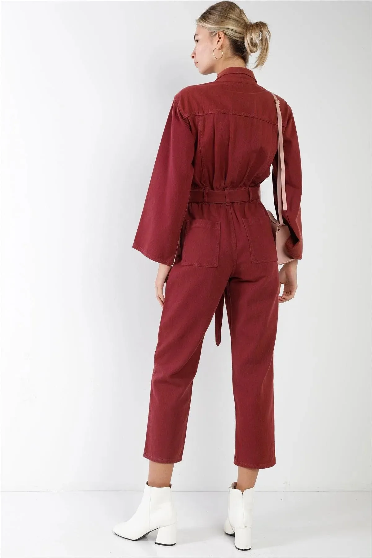 Burgundy Long Sleeve Denim Utility Front Button Down Self-Tie Belted Jumpsuit /3-2-1