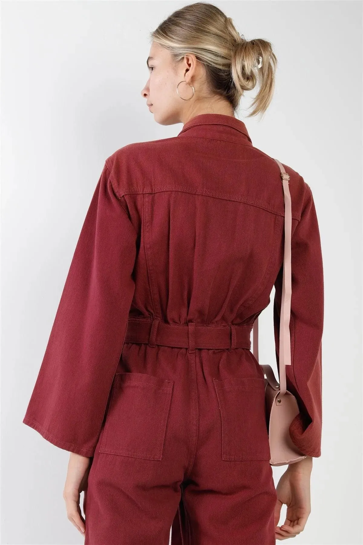 Burgundy Long Sleeve Denim Utility Front Button Down Self-Tie Belted Jumpsuit /3-2-1