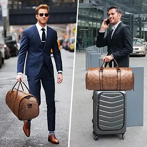 Carry on Garment Bags for Travel Leather Garment Duffle Bag Convertible Mens Suit Travel Bags with Shoe Compartment,Waterproof,Perfect for Business Travel/Husband Gifts (Brown)
