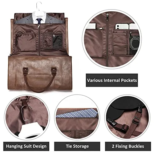 Carry on Garment Bags for Travel Leather Garment Duffle Bag Convertible Mens Suit Travel Bags with Shoe Compartment,Waterproof,Perfect for Business Travel/Husband Gifts (Brown)