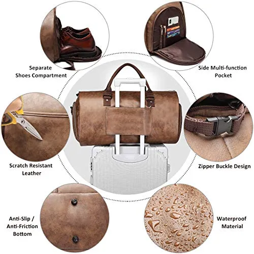 Carry on Garment Bags for Travel Leather Garment Duffle Bag Convertible Mens Suit Travel Bags with Shoe Compartment,Waterproof,Perfect for Business Travel/Husband Gifts (Brown)