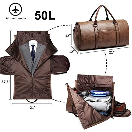 Carry on Garment Bags for Travel Leather Garment Duffle Bag Convertible Mens Suit Travel Bags with Shoe Compartment,Waterproof,Perfect for Business Travel/Husband Gifts (Brown)