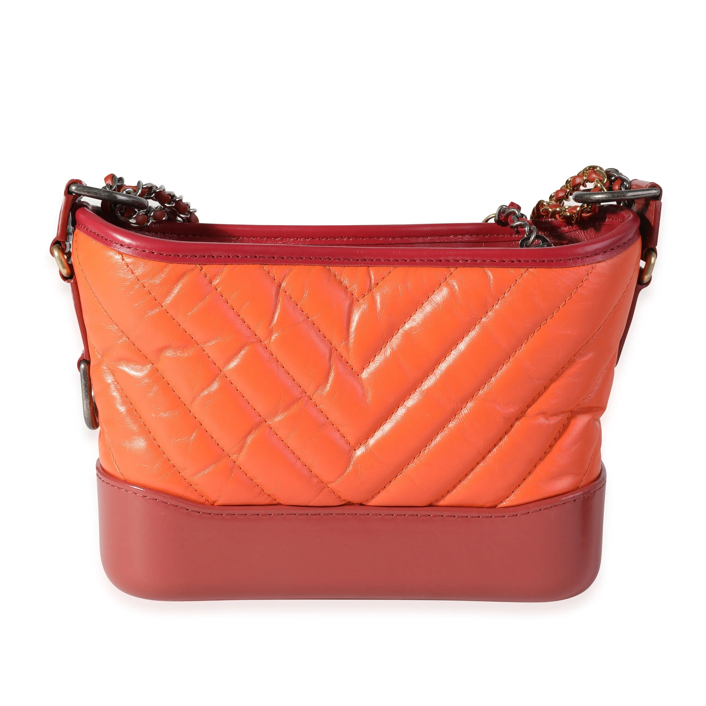 CHANEL Orange & Red Aged Calfskin Chevron Quilted Small Gabrielle Hobo