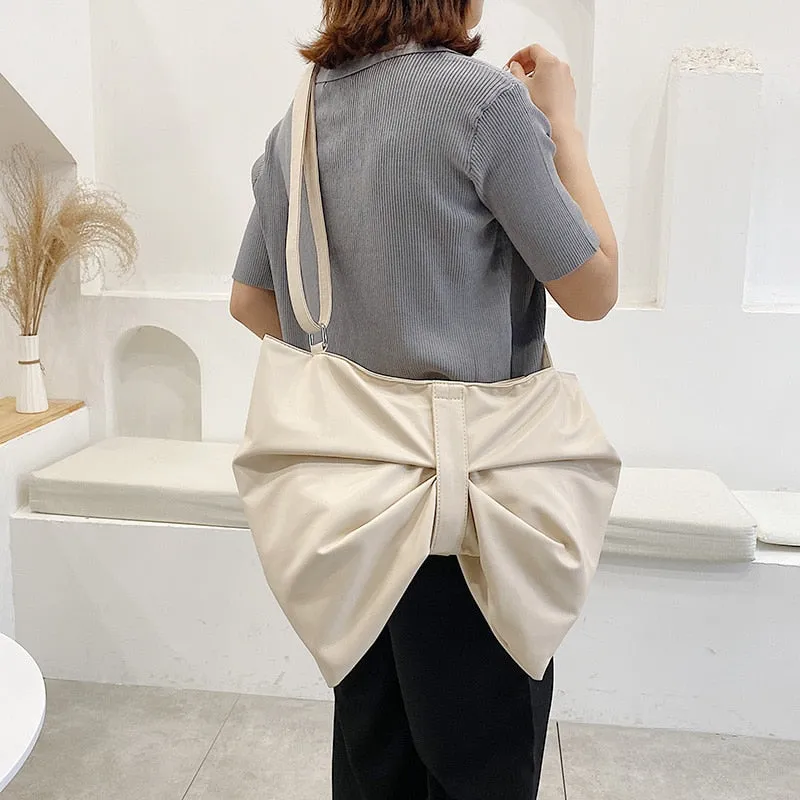 Christmas Gift Bow-knot Shoulder Bags for Women Solid Color Big PU Leather Chic Luxury Designer Handbags Ladies Casual Retro Messenger Bag Sac