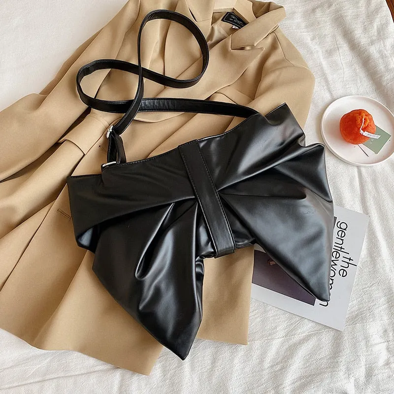 Christmas Gift Bow-knot Shoulder Bags for Women Solid Color Big PU Leather Chic Luxury Designer Handbags Ladies Casual Retro Messenger Bag Sac
