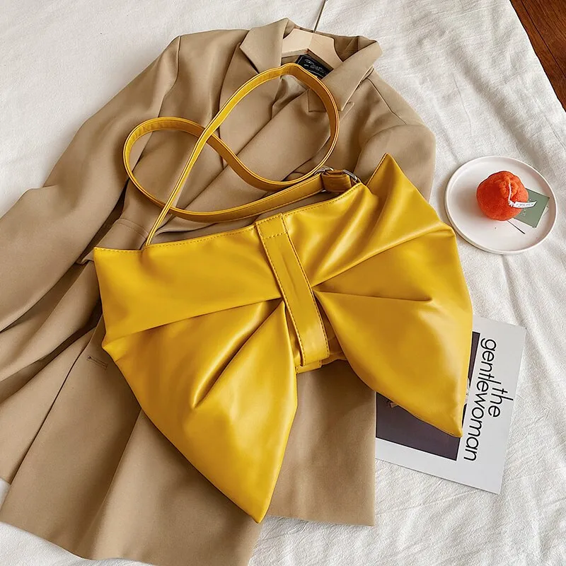 Christmas Gift Bow-knot Shoulder Bags for Women Solid Color Big PU Leather Chic Luxury Designer Handbags Ladies Casual Retro Messenger Bag Sac