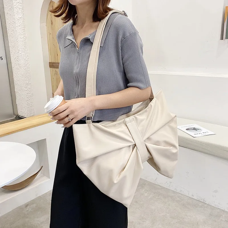 Christmas Gift Bow-knot Shoulder Bags for Women Solid Color Big PU Leather Chic Luxury Designer Handbags Ladies Casual Retro Messenger Bag Sac