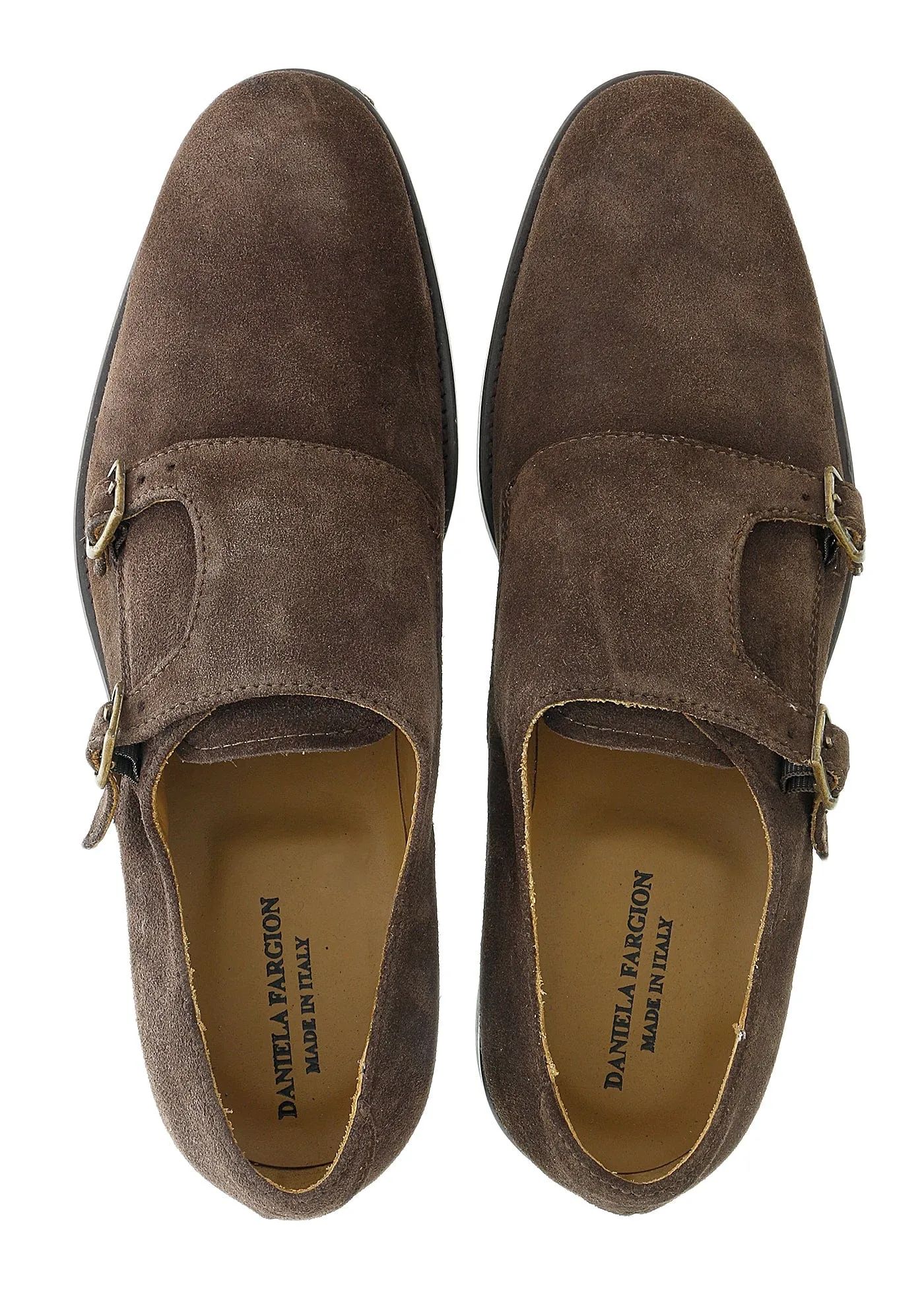 DANIELA FARGION Brown Leather Suede Double Monk Distressed Strap Shoes-