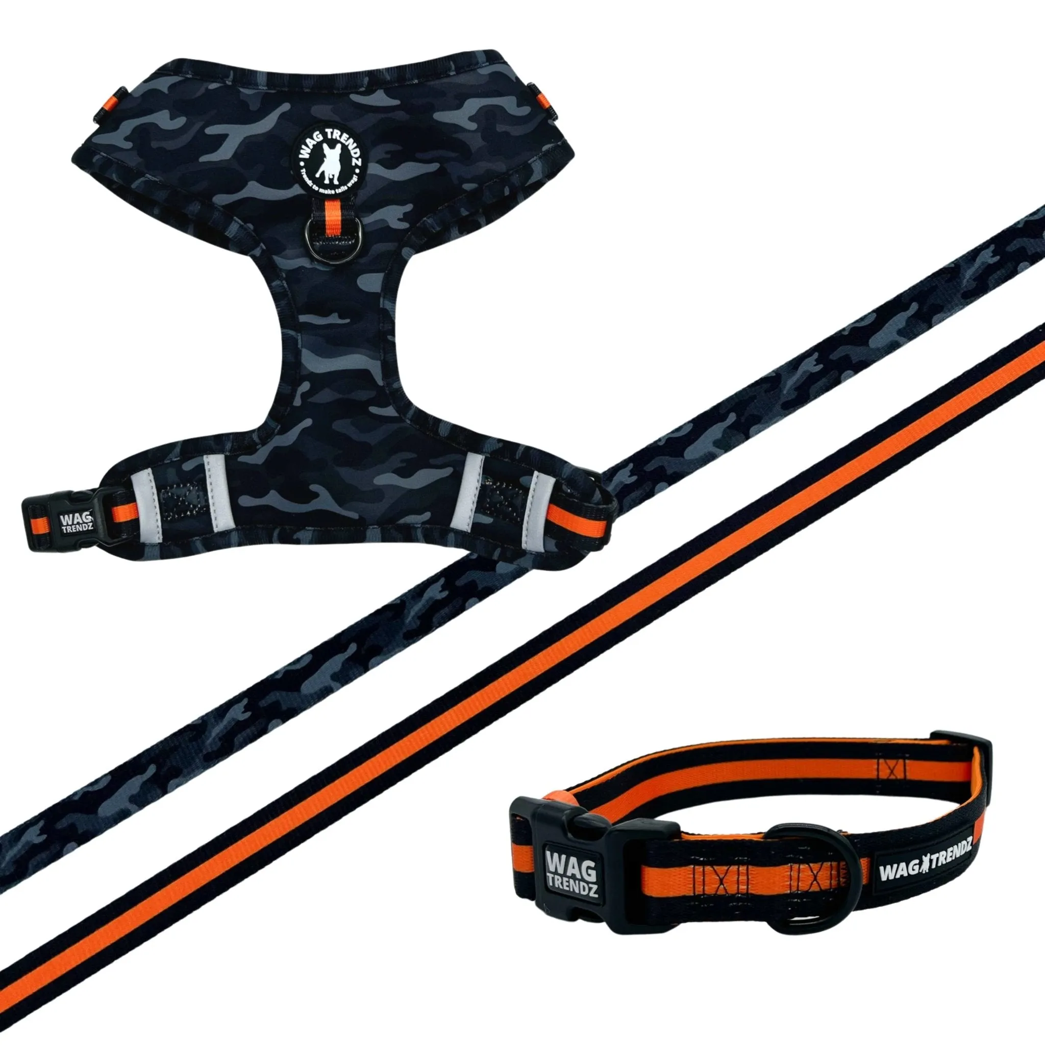 Dog Collar, Harness and Leash Set | Camo Chic (SHēk) Orange