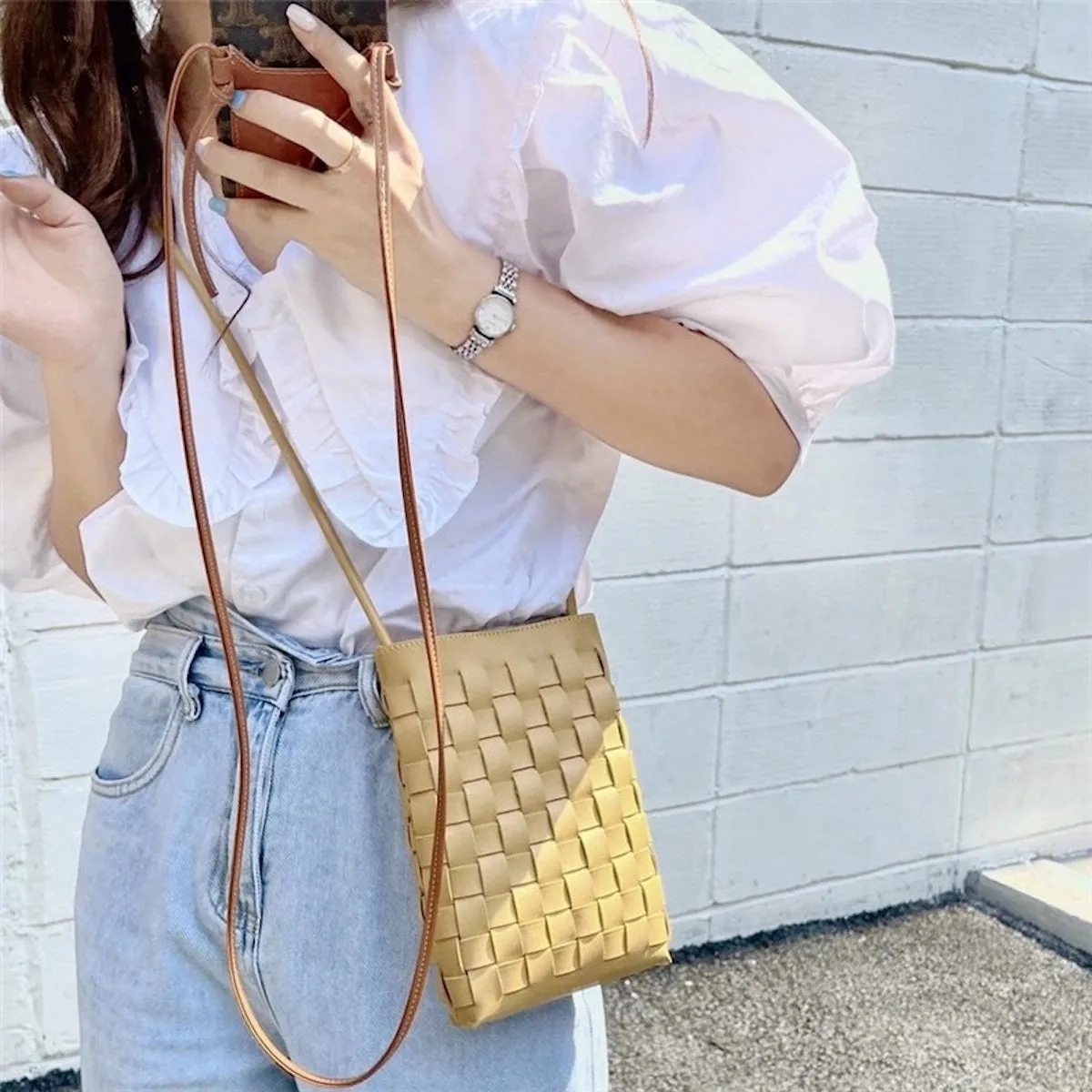 Elena Handbags Mini Square Leather Woven Purse