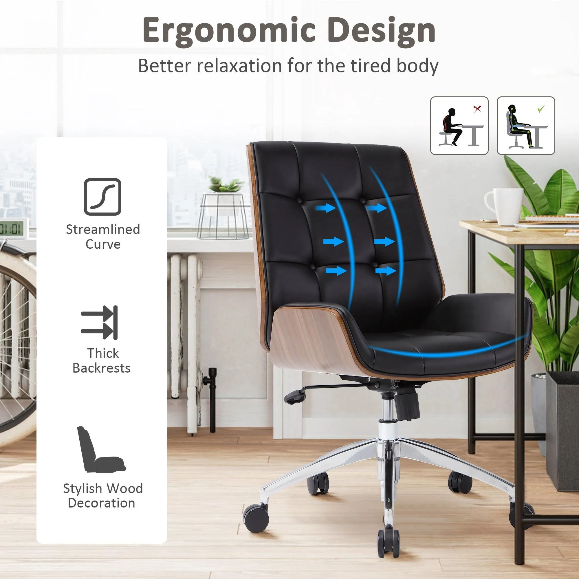 Executive Ergonomic Office Leather Chairs with Tilt and Height Adjustable, Black