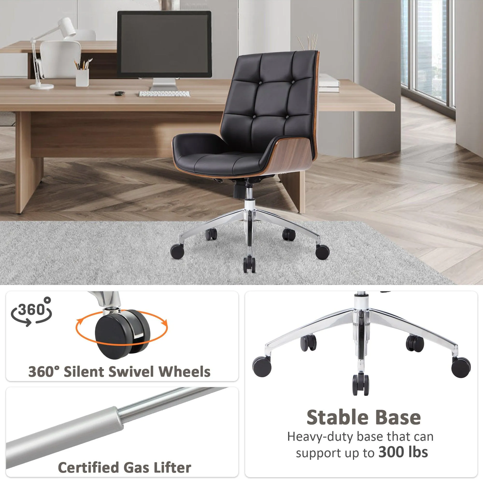 Executive Ergonomic Office Leather Chairs with Tilt and Height Adjustable, Black