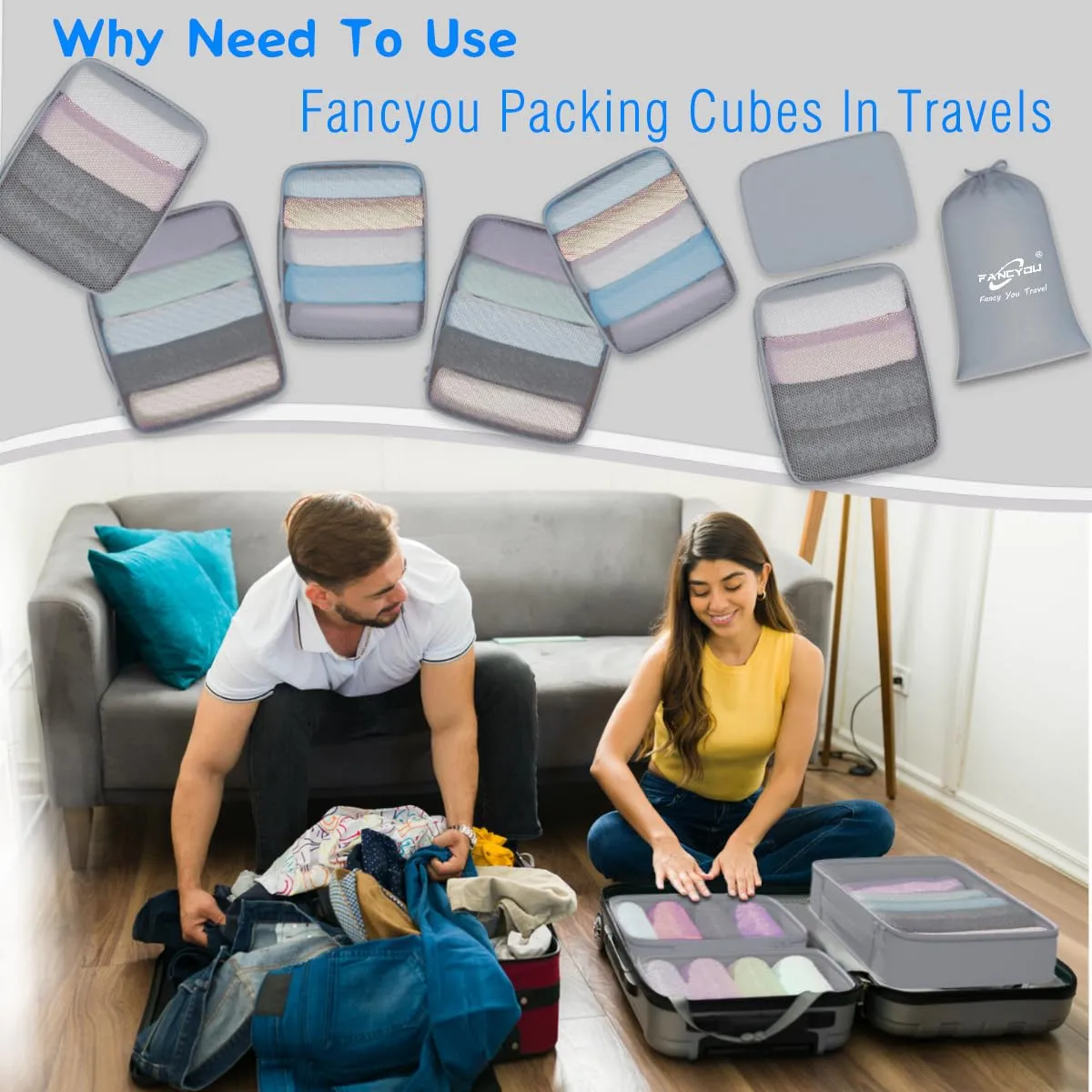Fancyou Travel Gear Packing Cubes for Suitcases Extra Large 8 Set, Travel Cubes Packing Luggage Organizers Accessories Bag, Travel Essentials Suitcase organizer bags set Clothes Bag(Grey)