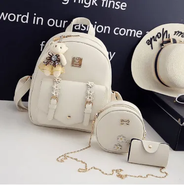 Fashionable 3 pcs Set Bag Women Leather Backpack Cute School Backpacks For Teenage Girls Female Shoulder Bag Flowers Purse