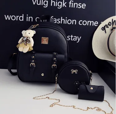 Fashionable 3 pcs Set Bag Women Leather Backpack Cute School Backpacks For Teenage Girls Female Shoulder Bag Flowers Purse