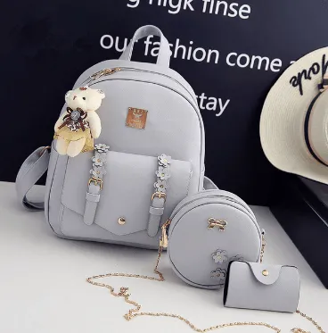 Fashionable 3 pcs Set Bag Women Leather Backpack Cute School Backpacks For Teenage Girls Female Shoulder Bag Flowers Purse