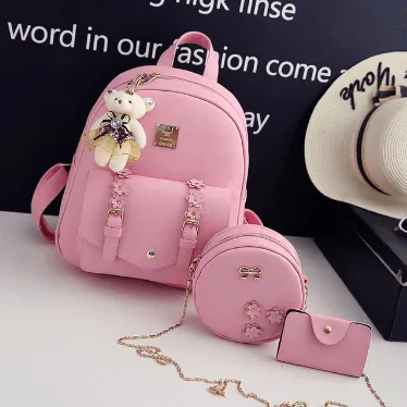 Fashionable 3 pcs Set Bag Women Leather Backpack Cute School Backpacks For Teenage Girls Female Shoulder Bag Flowers Purse