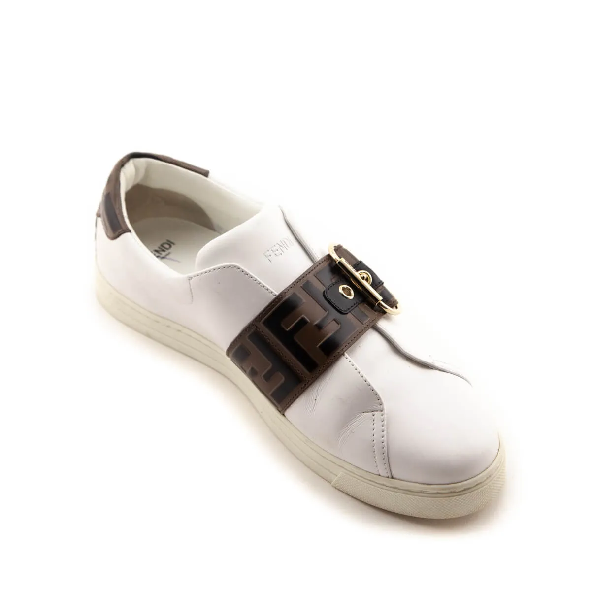 Fendi White Leather Signature Zucca Buckled Low Top Sneakers Size 9.5 | EU 39.5