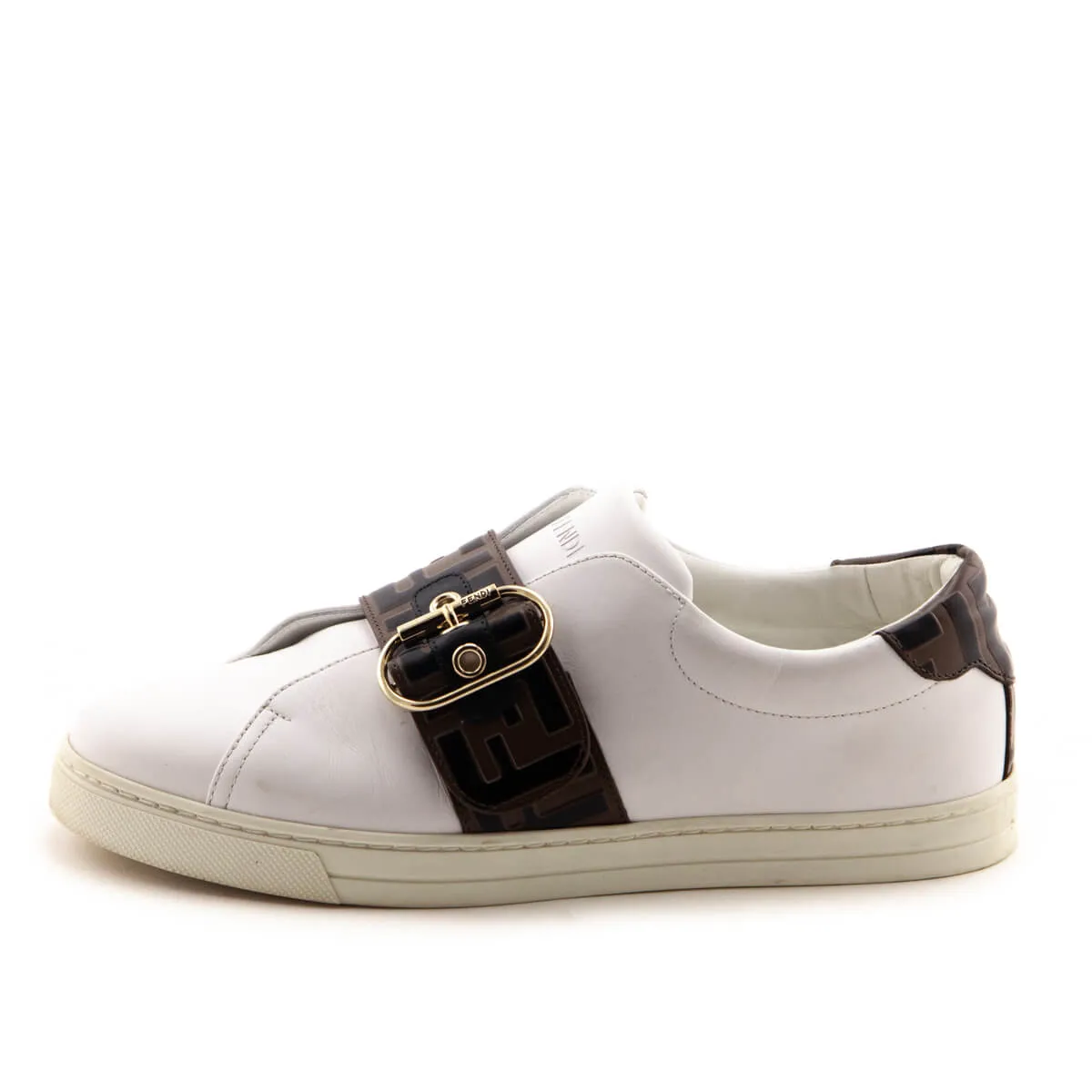 Fendi White Leather Signature Zucca Buckled Low Top Sneakers Size 9.5 | EU 39.5