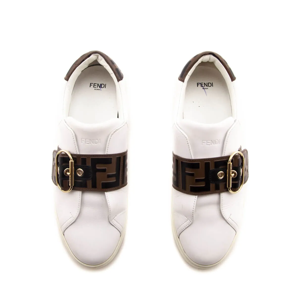 Fendi White Leather Signature Zucca Buckled Low Top Sneakers Size 9.5 | EU 39.5