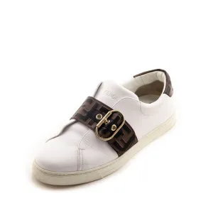 Fendi White Leather Signature Zucca Buckled Low Top Sneakers Size 9.5 | EU 39.5