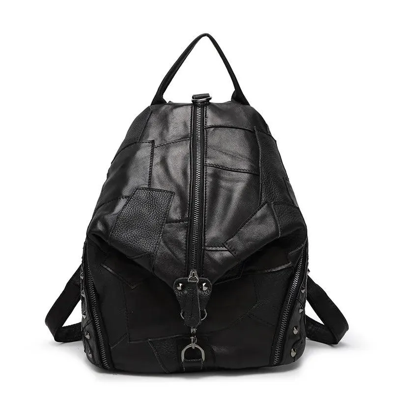 Genuine Leather Patchwork Backpack – Stylish & Spacious for Travel & Daily Use