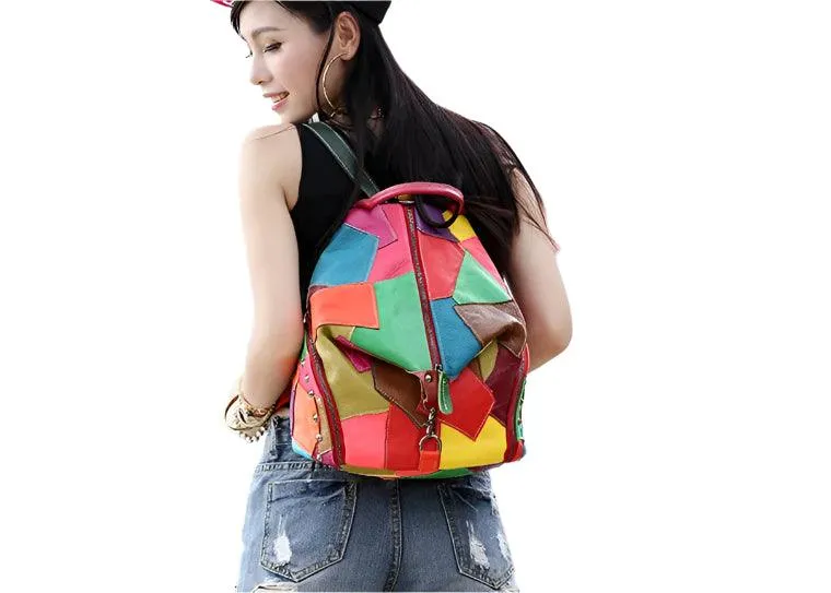 Genuine Leather Patchwork Backpack – Stylish & Spacious for Travel & Daily Use