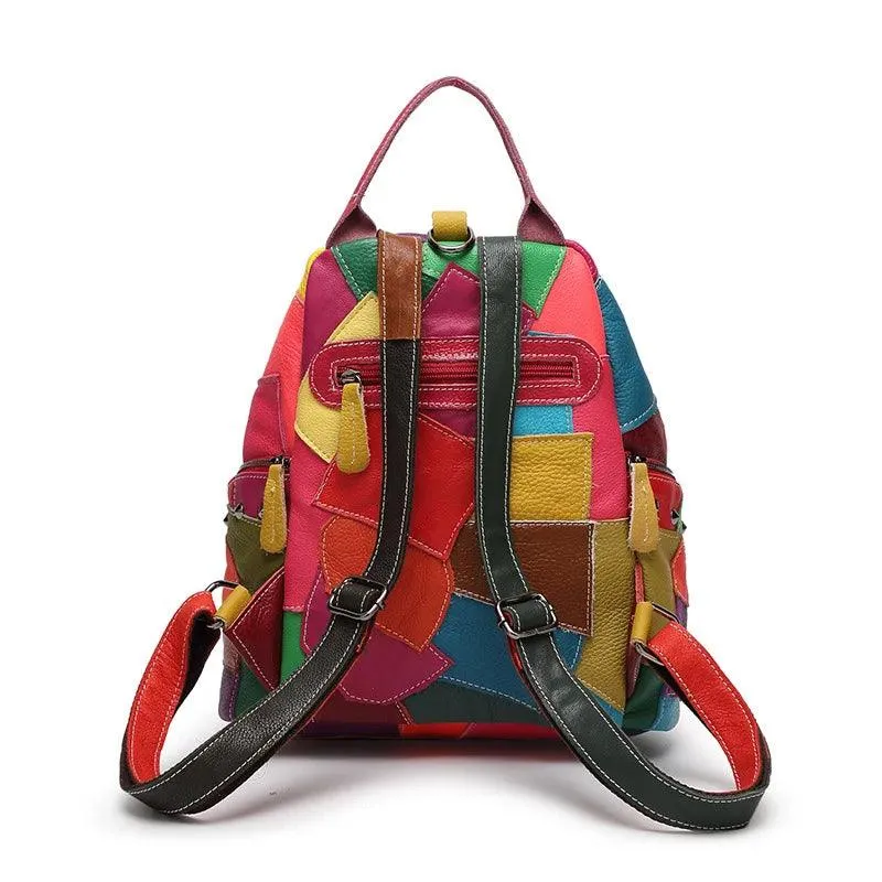 Genuine Leather Patchwork Backpack – Stylish & Spacious for Travel & Daily Use