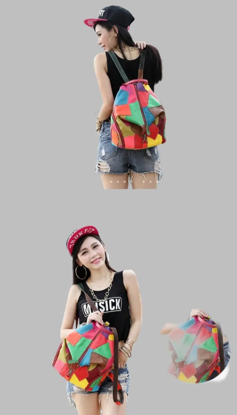 Genuine Leather Patchwork Backpack – Stylish & Spacious for Travel & Daily Use