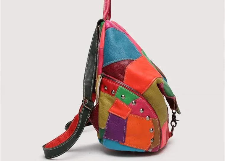 Genuine Leather Patchwork Backpack – Stylish & Spacious for Travel & Daily Use