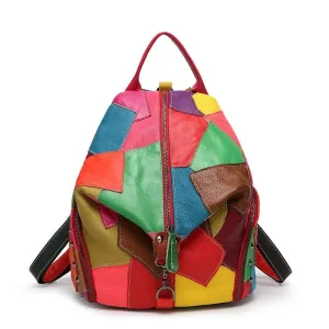 Genuine Leather Patchwork Backpack – Stylish & Spacious for Travel & Daily Use